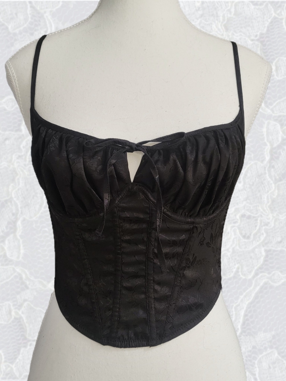 Black Satin Floral Bustier Corset Top S